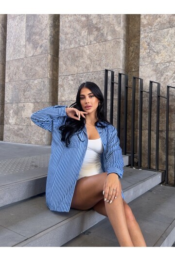 Mavi Çizgili Tek Cep Detay Gömlek