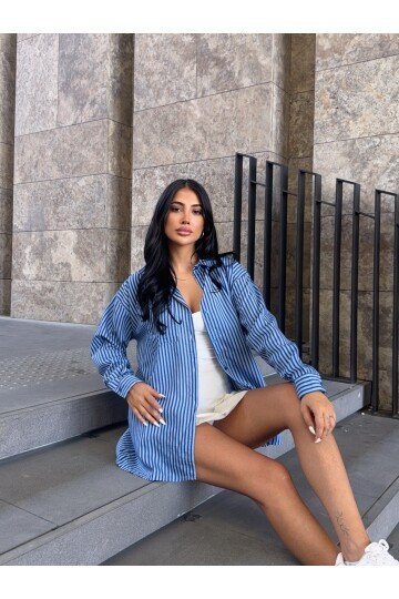 Mavi Çizgili Tek Cep Detay Gömlek