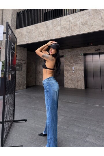 Mavi Püsküllü Paça Bol Pantolon