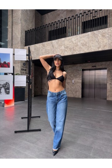 Mavi Püsküllü Paça Bol Pantolon