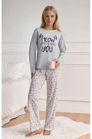 Meow You Kadın Kedi Baskı Pijama Takımı