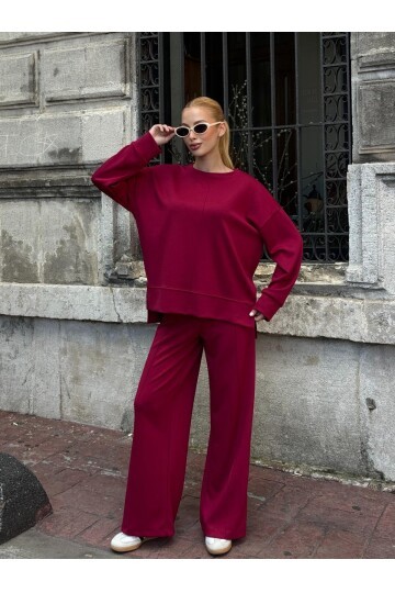Modal Kumaş Bordo Oversize Sweat İkili Takım
