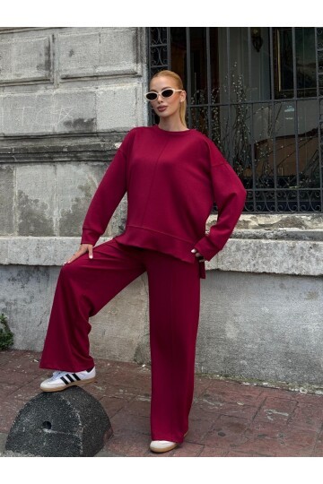 Modal Kumaş Bordo Oversize Sweat İkili Takım