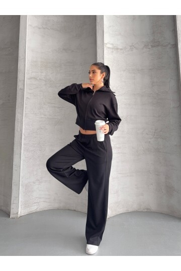 Modal Kumaş Crop Üst Eşofman Takım Siyah