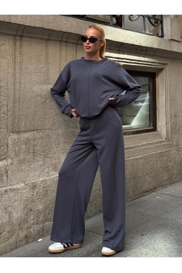 Modal Kumaş Gri Oversize Sweat İkili Takım