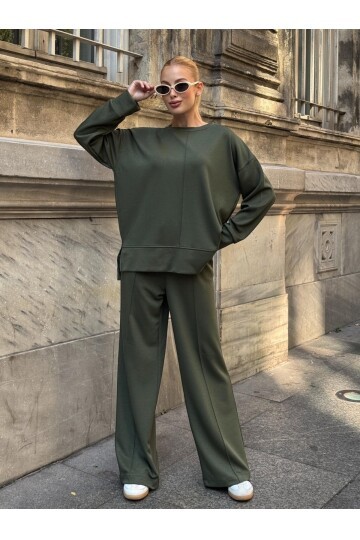 Modal Kumaş Haki Oversize Sweat İkili Takım