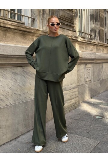 Modal Kumaş Haki Oversize Sweat İkili Takım