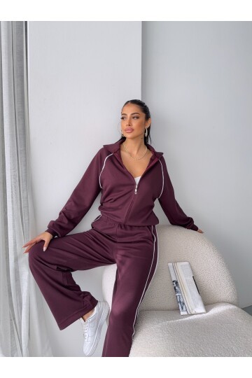 Modal Kumaş Şerit Detaylı Takım Bordo