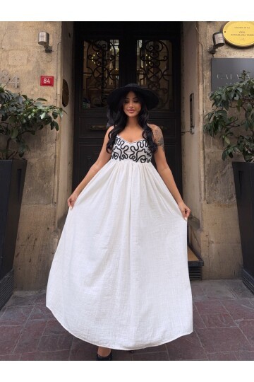 Nakış Detaylı Keten Astarlı Elbise