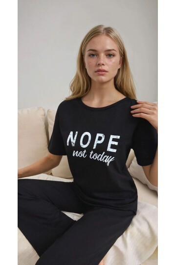 Nope Not Today Baskılı Kısa Kol Siyah Pijama Takımı