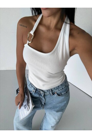 Omuz Toka Detay Bluz Beyaz
