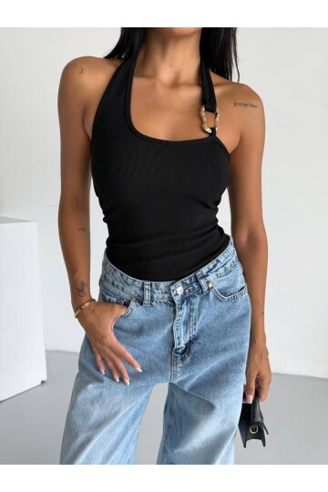 Omuz Toka Detay Bluz Siyah