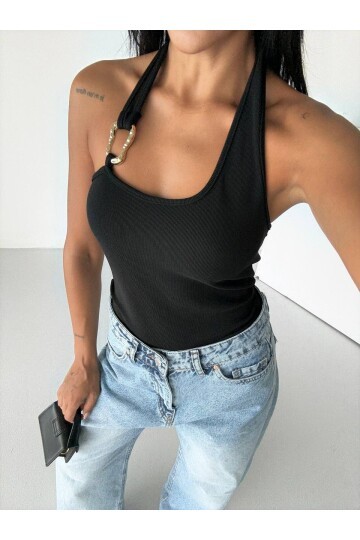 Omuz Toka Detay Bluz Siyah