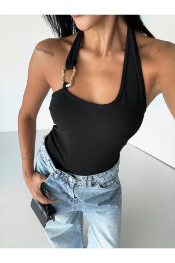 Omuz Toka Detay Bluz Siyah