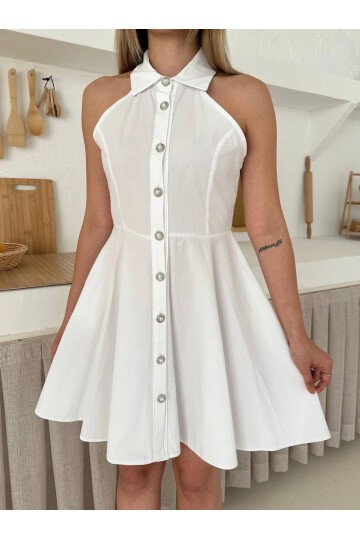 Önden Düğmeli Tasarım Elbise Beyaz