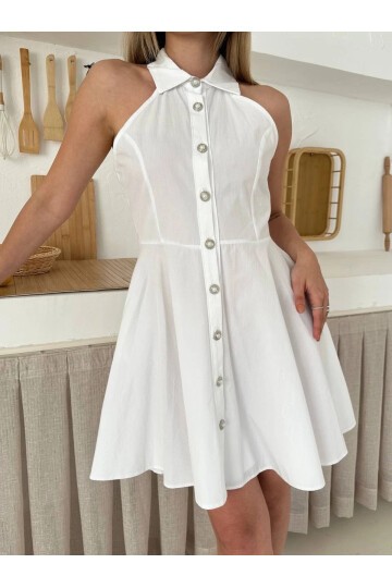 Önden Düğmeli Tasarım Elbise Beyaz