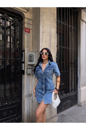 Önü Düğmeli Cepli Mavi Jean Elbise