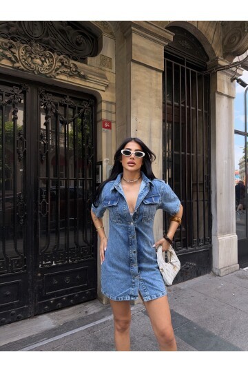 Önü Düğmeli Cepli Mavi Jean Elbise