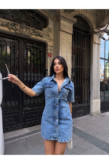 Önü Düğmeli Cepli Mavi Jean Elbise