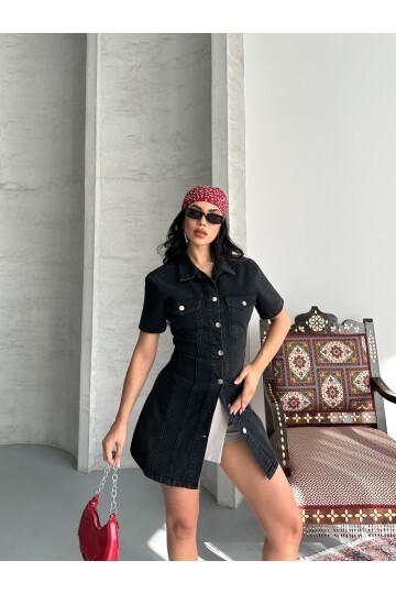Önü Düğmeli Cepli Siyah Jean Elbise