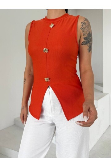 Ottoman Düğme Detay Bluz Turuncu