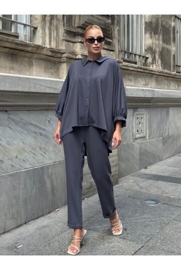 Oversize Gömlek Pantalon Gri Takım