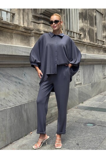 Oversize Gömlek Pantalon Gri Takım