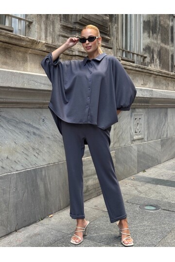 Oversize Gömlek Pantalon Gri Takım