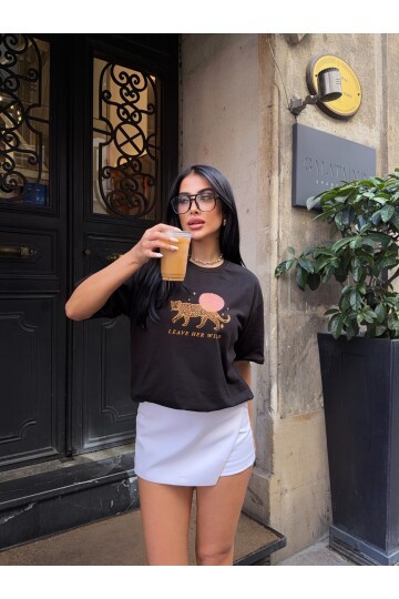 Oversize Kaplan Baskılı Siyah T-Shirt