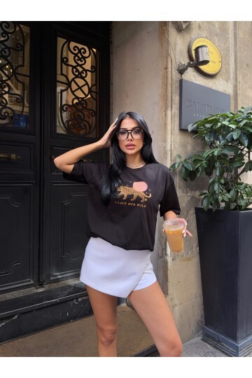 Oversize Kaplan Baskılı Siyah T-Shirt