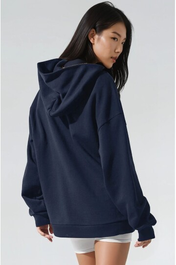 Oversize Lacivert Kapüşonlu Modal Kumaş Sweatshirt