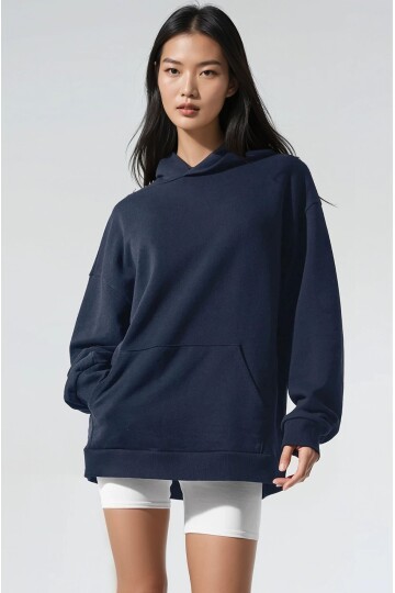 Oversize Lacivert Kapüşonlu Modal Kumaş Sweatshirt