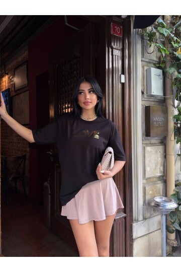Oversize Love Baskılı Siyah T-Shirt
