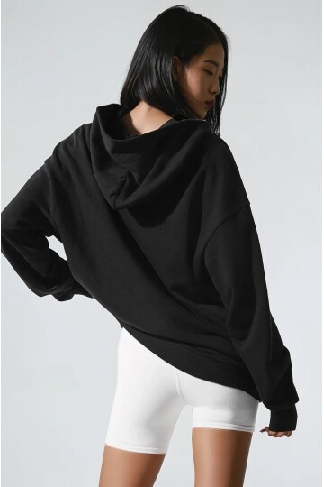 Oversize Siyah Kapüşonlu Modal Kumaş Sweatshirt