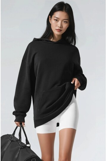 Oversize Siyah Kapüşonlu Modal Kumaş Sweatshirt