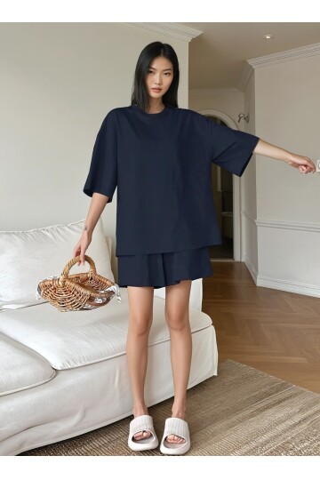 Oversize Süprem Kumaş Kısa Kol Şortlu Pijama Takımı