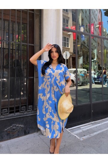 Panço Model Desenli Rahat Kalıp Viskon Elbise Mavi