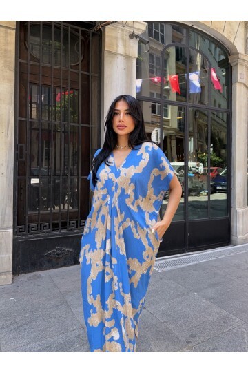 Panço Model Desenli Rahat Kalıp Viskon Elbise Mavi