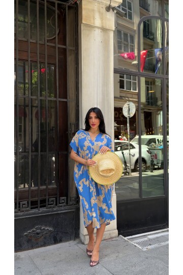 Panço Model Desenli Rahat Kalıp Viskon Elbise Mavi