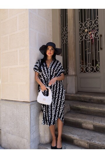 Panço Model Desenli Rahat Kalıp Viskon Elbise Siyah