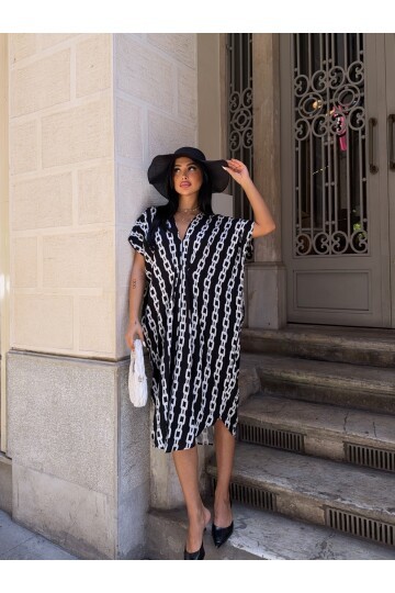 Panço Model Desenli Rahat Kalıp Viskon Elbise Siyah