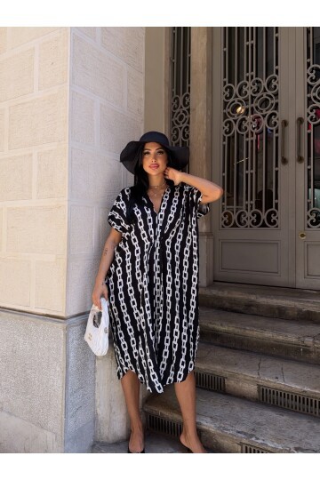 Panço Model Desenli Rahat Kalıp Viskon Elbise Siyah