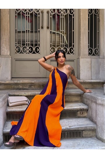 Parça Bloklu Omuz Detay Elbise Siyah Turuncu