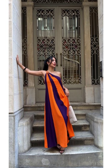 Parça Bloklu Omuz Detay Elbise Siyah Turuncu