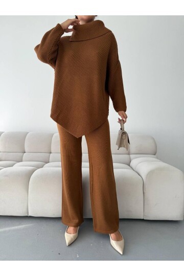 Şal Yaka Triko Takım Kahve
