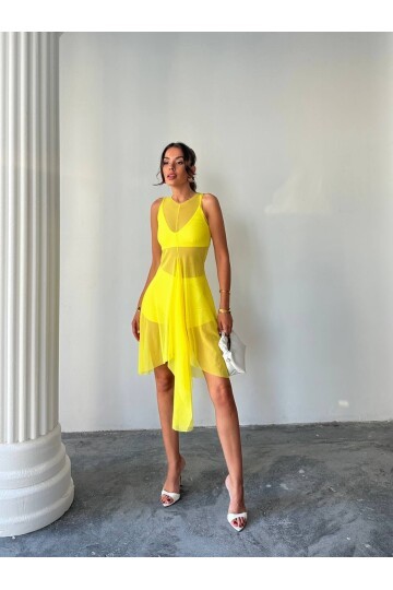 Sarı 3lü Üsttü Tül Pareo Takım