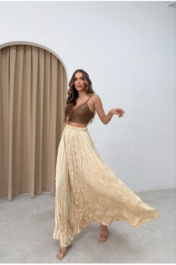 Saten Kumaş Piliseli Etek Bej