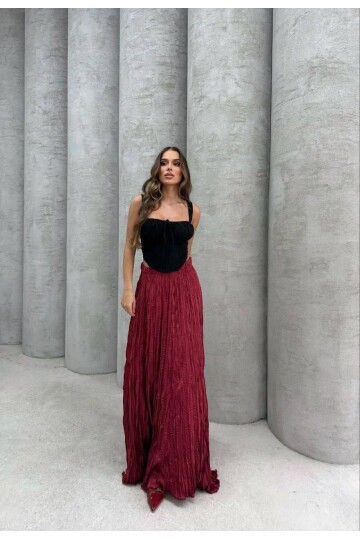 Saten Kumaş Piliseli Etek Bordo