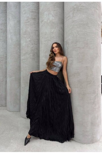 Saten Kumaş Piliseli Etek Siyah