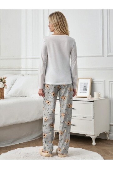 Sevimli Ayıcık Desenli Uzun Kollu Şardonlu Kadın Pijama Takımı